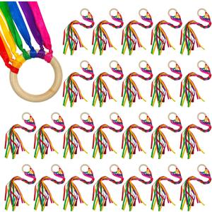 24Pcs Rainbow Ribbon Streamers Waldorf Toys Creative Waldorf Hand Kite Set Streamers with Wood Ring Sensory Learning Educational Toy for Playroom Dancing Birthday 