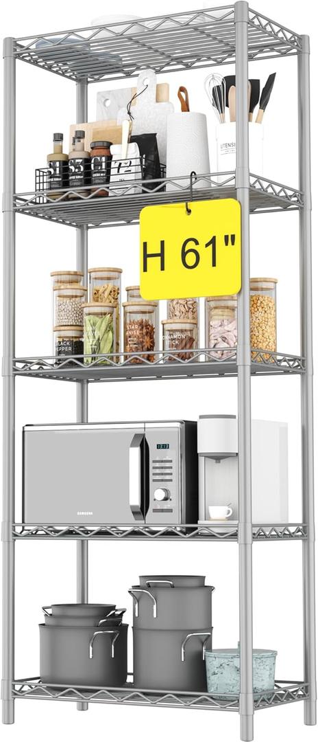 HOMEFORT 5-Tier Wire Shelving 5 Shelves Unit Metal Storage Rack Durable Organizer Perfect for Pantry Closet Kitchen Laundry Organization in Grey,21Wx14Dx61H