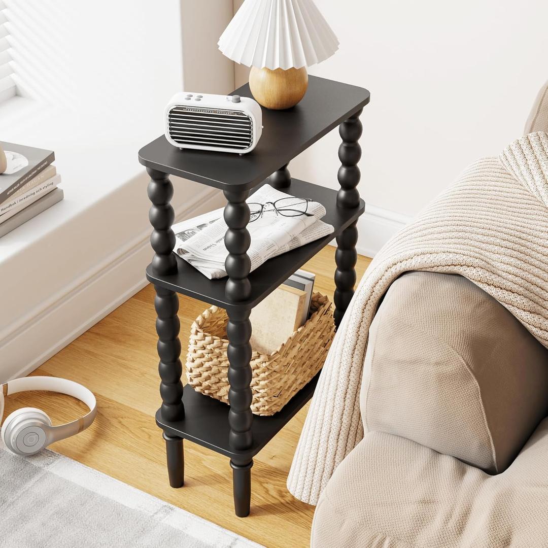 Side Table, Small End Table with Storage Shelf, 3-Tier Small Coffee Tables for Living Room Bedroom Narrow Spaces(Black)
