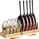 Housolution Bamboo Pot and Pan Organizer for Cabinet, 15"-29" Expandable Pot Lid Organizer with 10 Adjustable Dividers, Wooden Pan Holder Storage Rack, Fully Expanded Size 29.5" W x 8" D x 7.5" H