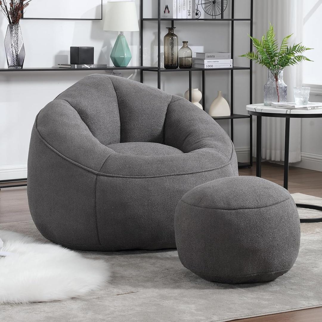 Bean Bag Chairs, Gaint Bean Bag Couch with Memory Foam for Adults and Kids, Microfiber Upholstered Sofa with Ottoman, Comfy Lazy Bean Bag Reading Chair for Living Room