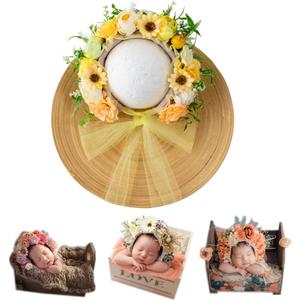 Newborn Photography Props Boys Girls Floral Sitter Hat Baby Photo Props Flowers Bonnet (Cream)