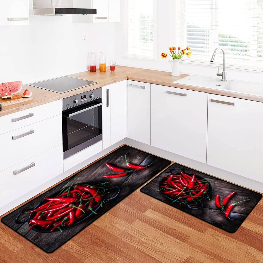 Kitchen Rugs Set Red Chili Peppers Shot from Above on Rustic Wooden Table Kitchen Mat for Floor Non-Slip Washable Kitchen Runner Doormat Bath Rug Carpet Comfort Standing Mats Decorations (17"x28"+17"x48", Choice5)