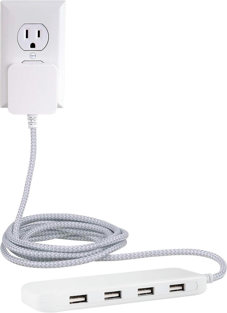 UltraPro USB Desktop Charging Station, 24W 6 Ft 4 USB Ports Power Strip, Multiport USB Charging Station, USB A Desktop Charger for iPhone 16 Series, 15 Series, iPad Pro, Braided Cord, White, 44139