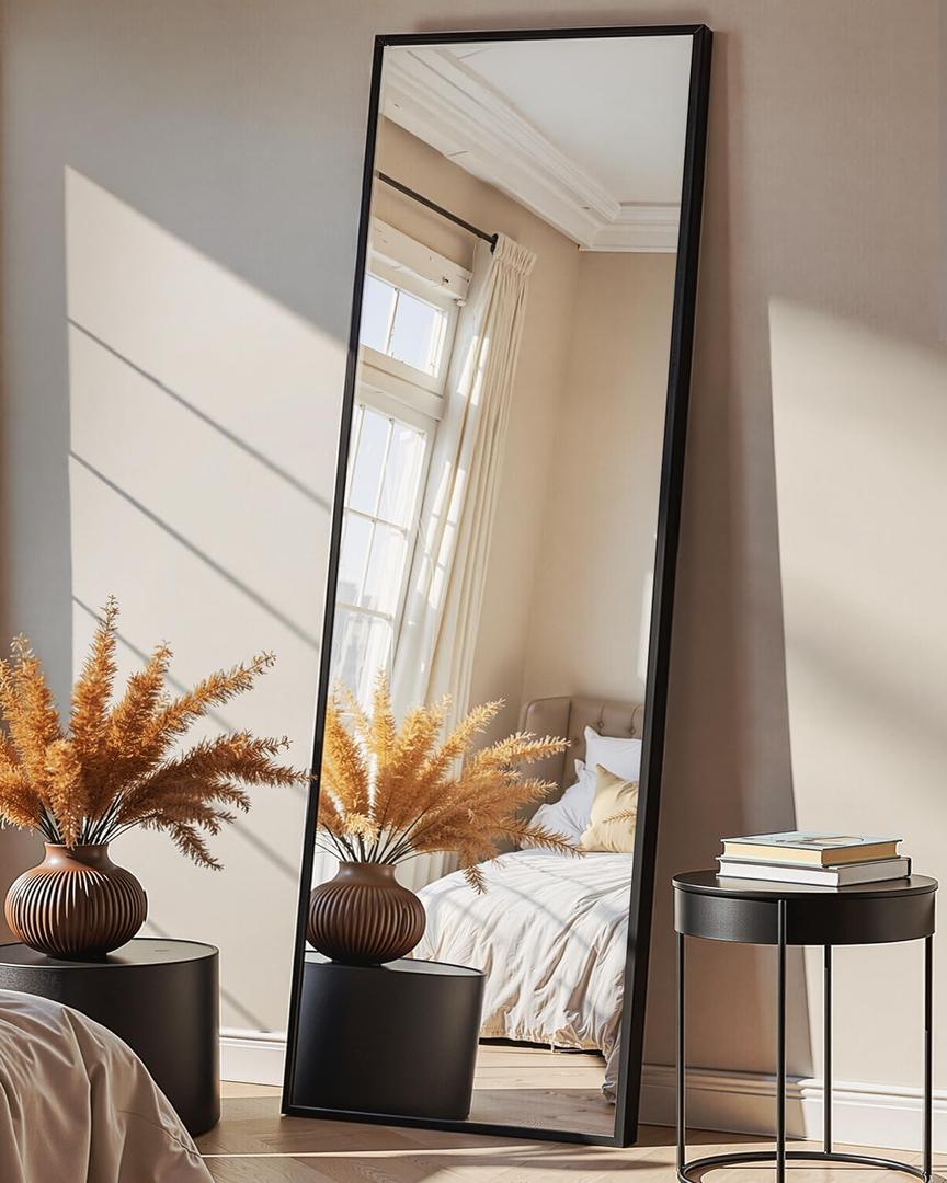 Full Length Mirror, Standing Large Floor Mirror with Aluminum Frame for Bedroom, Living Room, Bathroom(Black), Size: 56"L x 15"W