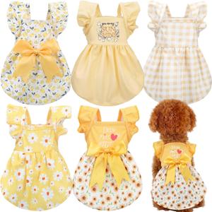 Abbylike 5 Pcs Dog Dress Floral Daisy Plaid Bowknot Dog Clothes Cute Summer Puppy Dresses Outfits Soft Apparel for Small Pets Cats Female(Lovely,XX-Large)