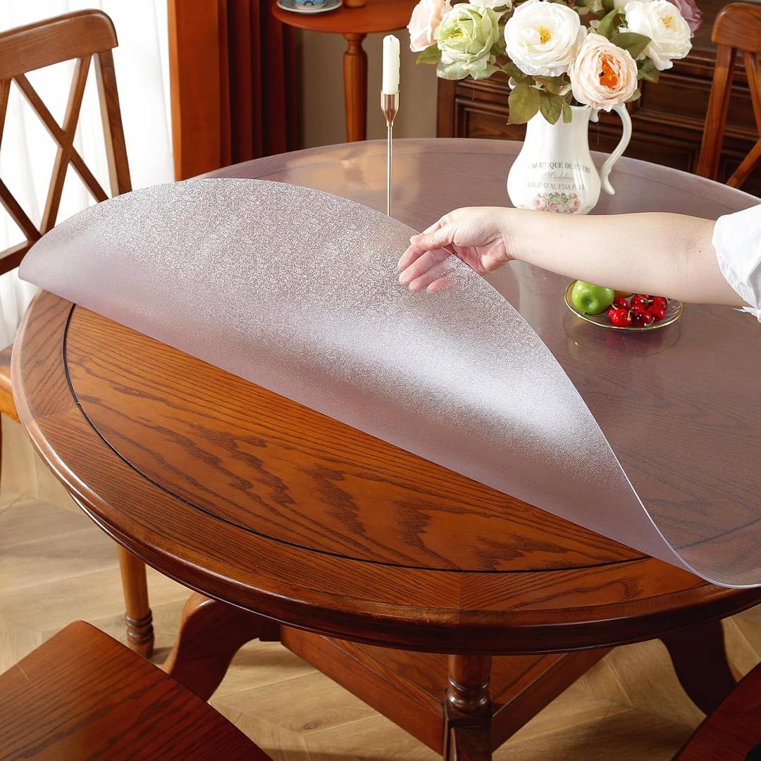 OstepDecor Frosted Round Table Protector 54 Inch Thick Frosted Table Cover Protector Round, Plastic Waterproof PVC Tablecloth, Vinyl Circle Table Top Protector for Dining Room, Coffee Tabletop