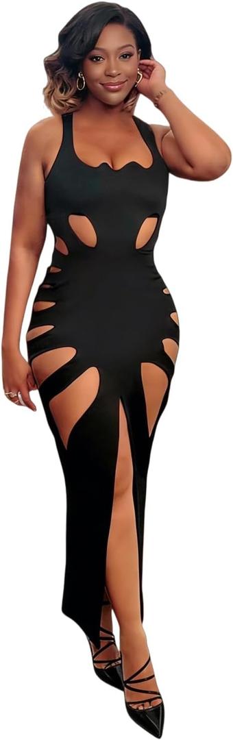 Women's Sexy Sleeveless Hollow Out Maxi Dress Tassel See Through Backless Bodycon Party Club Long Dress (Black With Front Slit)