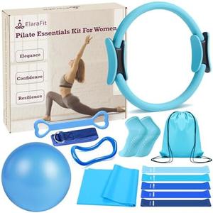 ElaraFit Home Pilates Kit for Women Pilates Equipment Ring and Ball Set Magic Circle Hoop with 5 Resistance Bands Compact Toning Fitness Essentials Starter Set Accessories