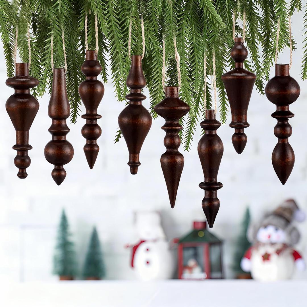 Namalu 8 Pcs Christmas Ball Drop Ornaments 4 Inch Wooden Simple Elegant Shatterproof Finial Christmas Decoration for Xmas Trees Drop Hanging Ornaments Wreaths Garland Mantel Shelf Decor (Brown)
