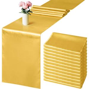 Aneco 12 Pack Satin Table Runner 12 x 108 Inch Gold Long Wedding Satin Silk Table Runner for Wedding Banquet Graduations Birthday Party Decoration