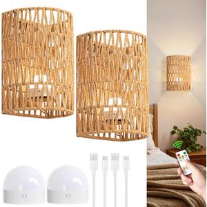 Battery Wall Sconces Set of 2, Rattan Rechargeable Wall Sconce, Boho Wireless Wall Lamp with Remote, Battery Operated Sconces for Bedrooms, Hallway, Living Room