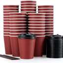 LITOPAK 80 Pack Insulated Ripple Wall 12 oz Disposable Paper Cups, Three Layer Insulated Hot Paper Coffee Cups with Lid and Straws for Parties, Picnics, and Travel (Red)