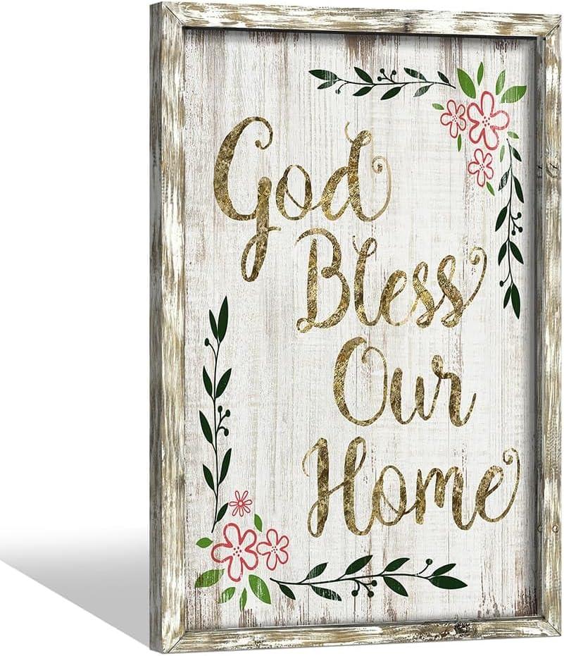 Inspirational Home Wall Art Decor: Christian Signs Wooden Framed Print Decoration Farmhouse God Bless Sayings Picture Religious Quotes Artwork for Bedroom Living Room Dining Room (16" x 24")