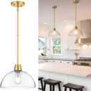 Modern Glass Pendant Light,12 Inch Dome Gold Pendant Lights Fixture with Clear Glass Shade, Blown Glass Ceiling Hanging Lighting for Kitchen Island Dining Room Bathroom Bar Restaurant