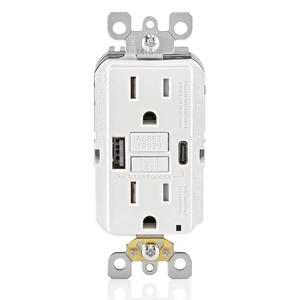 Leviton 15A SmartlockPro Self-Test GFCI Combination with Type A & Type-C USB in-Wall, USB Charger for Smartphones and Tablets, GUAC1-W, White