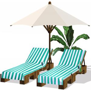 Fumete 2 Pack Lounge Chair Towels 30 x 85 Inch Pool Chaise Lounge Cover Microfiber Beach Chair Towel Portable Striped Cushion for Summer Outdoor Patio Sunbathing(Turquoise)