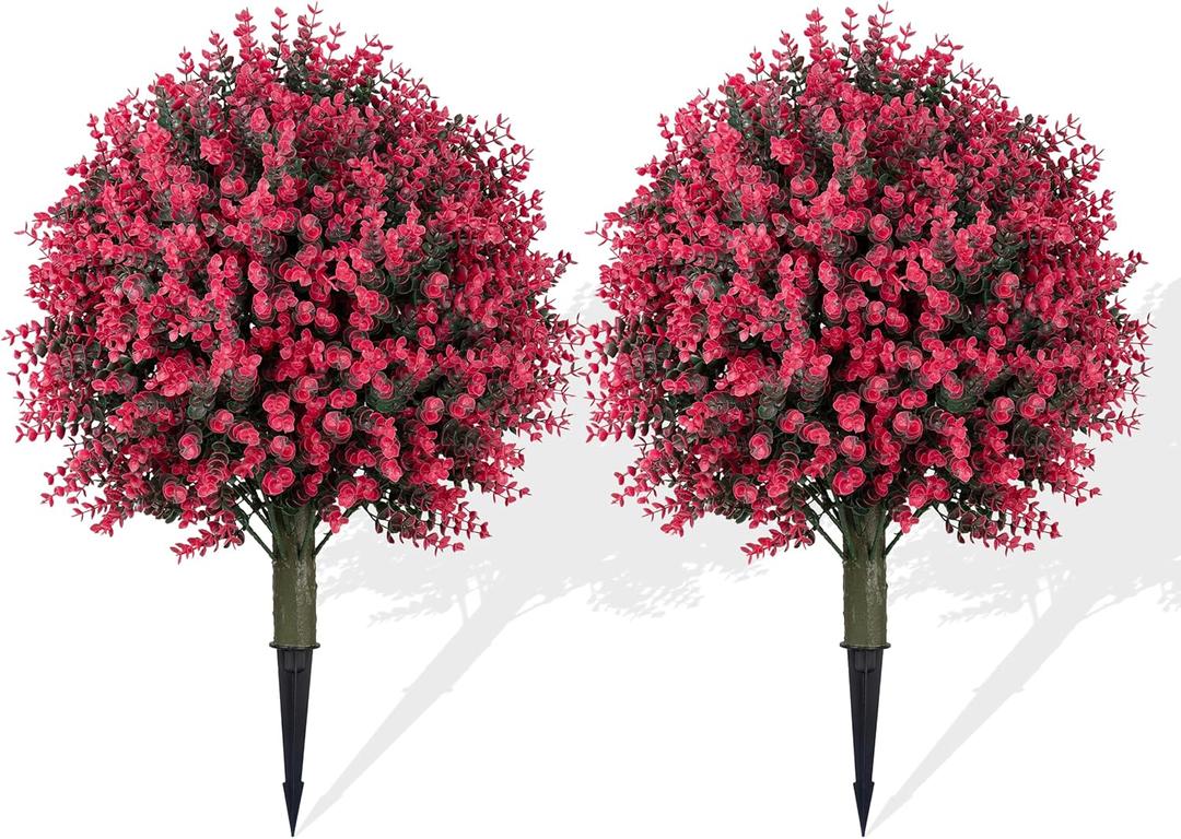 Artificial Eucalyptus Topiary Ball Trees (Set of 2) 24" Tall UV-Resistant Fake Evergreen Shrubs with Ground Spike for Outdoor Planters, Porch, Garden & Indoor Decor (Rose Red)