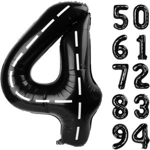 3 x Race Car 4 Balloon, Number Balloons 40 Inch, 4th Black Party Decorations, Racecar Birthday Decorations Four Large Numbers for Party Decor, Number 4 Balloon