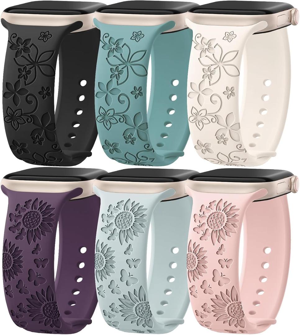 6 Pack Floral Engraved Silicone Bands Compatible for Apple Watch Band 38mm 40mm 41mm 42mm 44mm 45mm 46mm 49mm Women,Flower Sport Straps for iWatch Series 10 9 8 se Ultra 7 6 5 4 3 2
