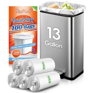 13 Gallon 100 Counts (fit 12-15 Gal) Strong Tall Kitchen Trash Bags Garbage Bags by RayPard, fit 50 Liter Waste Basket, Clear Trash Bags Can Liners for Home Office Bathroom Bedroom