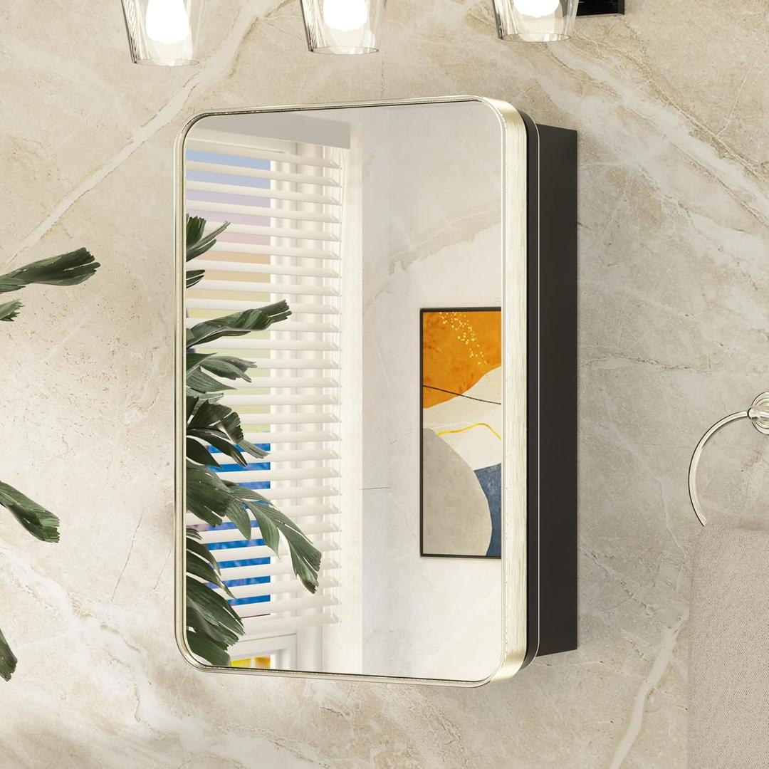 Keonjinn Brushed Nickel Medicine Cabinet for Bathroom, 16 x 24 Inch Medicine Cabinet with Mirror, Silver Stainless Steel Framed, Adjustable Shelves, Recessed or Wall Mount, Sturdy, Rounded Rectangle