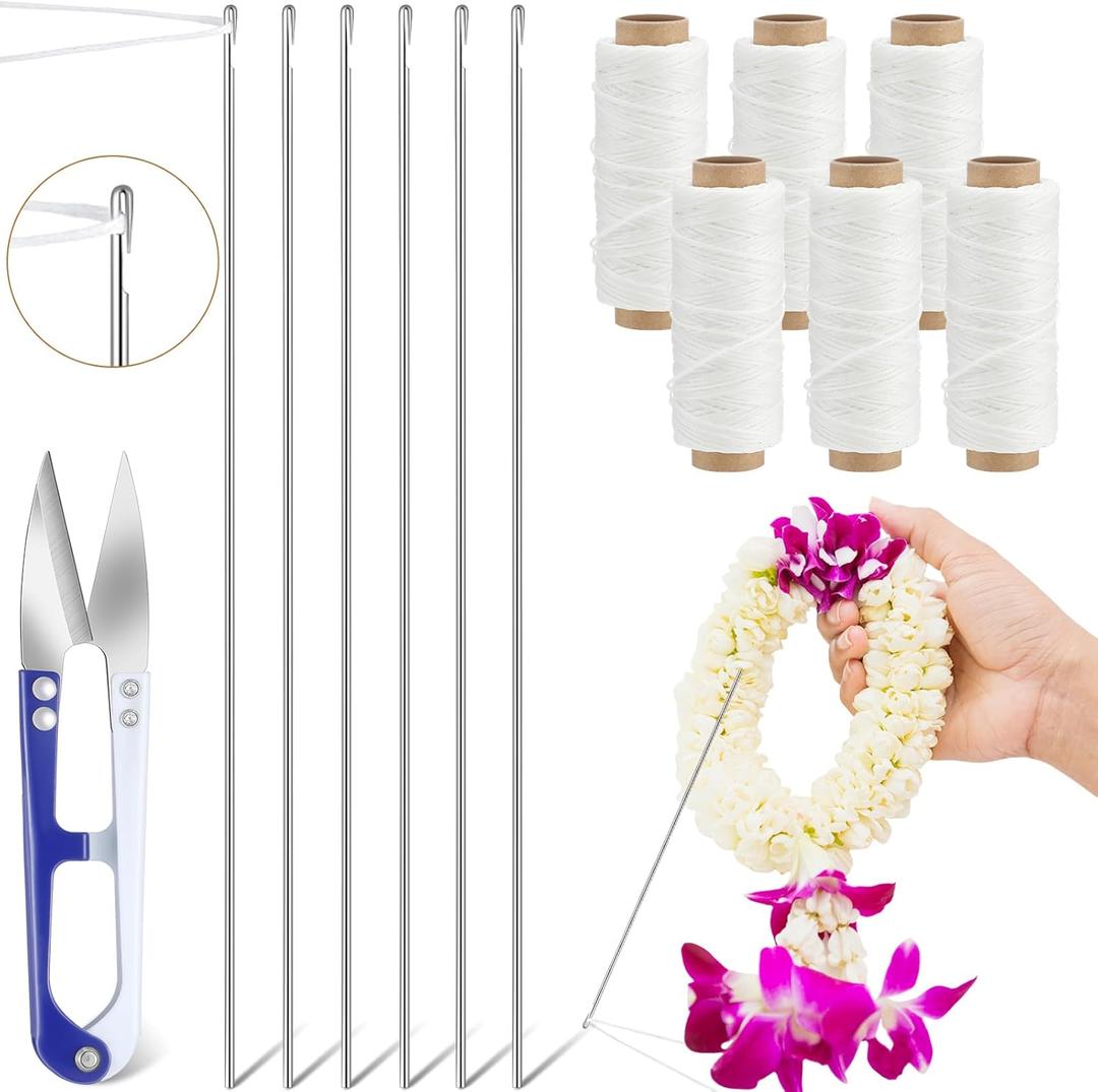 Leriton 13 Pcs Lei Needle Kit, 6 Pcs 10.2' Stainless Steel Long Needle for Hawaiian Leis 6 Twine 1 Sewing Scissors Making Kit for DIY Graduation Hawaiian Flower Wreath Craft Accessory