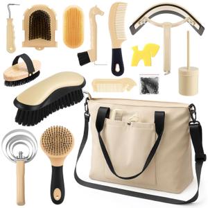 Abbylike 15 Pieces Horse Grooming Kit with Organizer Tote Bag Tack Room Supplies Horse Brush Sets Care Equine Cleaning Kit Shedding Grooming Massaging Tools (Beige)