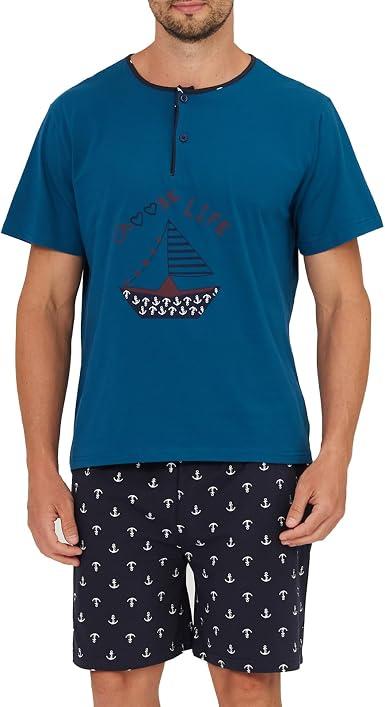 Keyocean Mens Henley Pajama Set, Soft Cotton Short-Sleeve Shirt and Shorts Summer PJ Set for Sleeping, Tahitian Tide, Medium