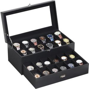AUTOARK Leather & Velvet 24 Watch Box Glass Top Jewelry Display Drawer Lockable Case Organizer,Removable Black Watch Pillows,Black,MKAW035