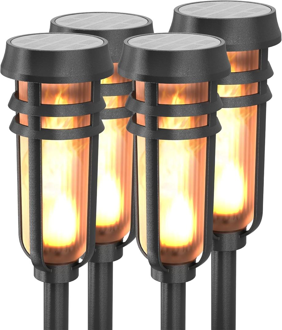 Metal Solar Torch Lights - Adjustable Height (24" - 50"), Outdoor Garden Decor with Patented LED, Waterproof Solar Tiki Torches for Yard, Patio, Garden Pathway, Matte Black 4 Pack