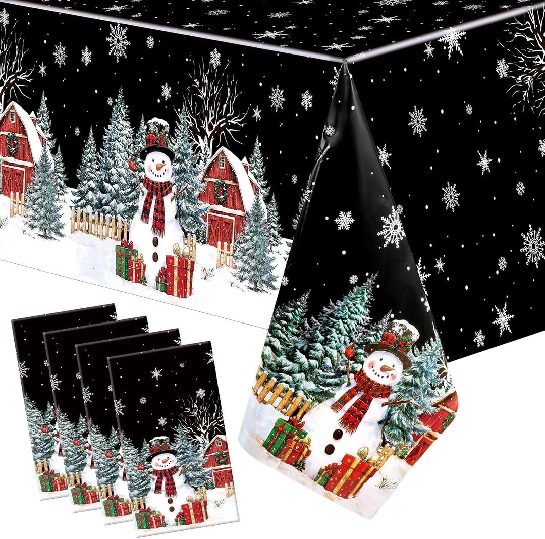 4 Pcs Christmas Disposable Tablecloth 108 x 54 Inch Black Christmas Plastic Tablecloth Rectangle Snowman Table Cloth Tablecover Waterproof Table Cover for Holiday Party Decorations(Black)