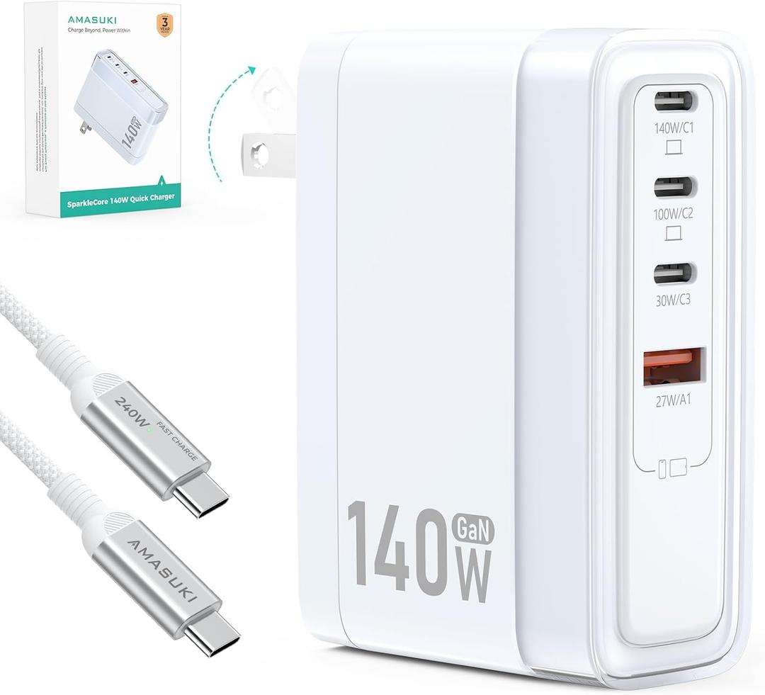 SparkleCore 140W USB C Charger,4-Port 100W Fast Charging Block PD3.1 GaN Cruise Essentials 2026 Travel for Apple MacBook,Laptop,iPhone 17/16 Series,iPad Pro,Samsung,Anker Laptop Power Bank,6.6ft Cable