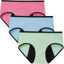 INNERSY Period Underwear for Women Teens Leak-Proof Menstrual Cotton Protective Hipster Panties 3-Pack, Small, Light Flow (Bright Spring)