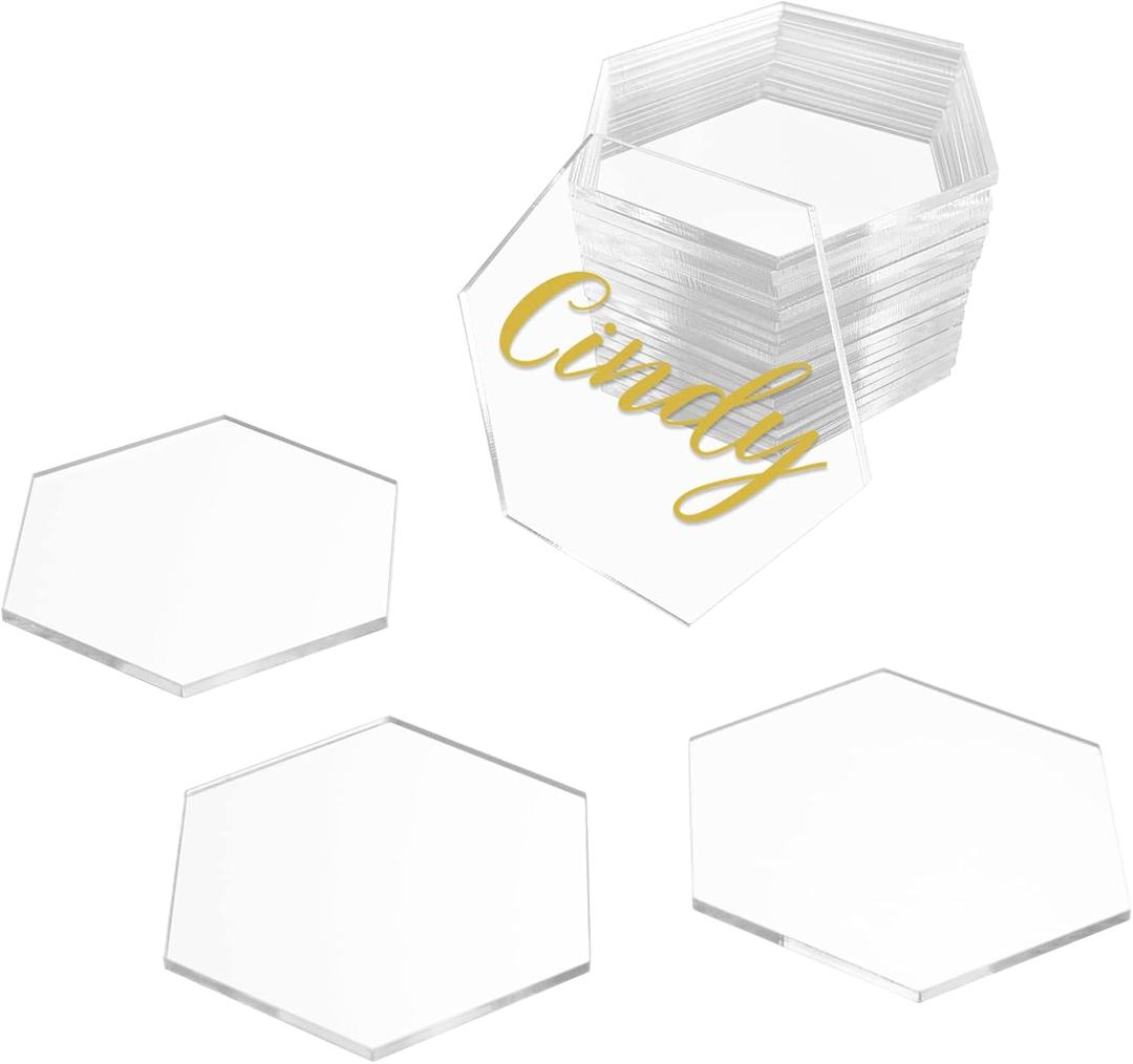 KAITELA Clear Acrylic Place Cards 1/8" Thick, 3.15" x 2.75" Small Hexagon Blank Acrylic Tiles, Escort Name Plate for Table Setting, Wedding, Dinner Party, Craft Projects, 20 Pcs