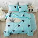 Caressma Love Pattern Girls Comforter Set Queen Size, Sky Blue Cute Love Heart Print Comforter Bedding Set for All Seasons, Geometric Soft Microfiber 3 Pieces Comforter Set with Pillowcases