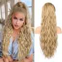 FLUFYMOOZ Ponytail Extension, 26 Inch Drawstring Ponytail Hair Extensions for Women Long Curly Wavy Ponytail Natural Synthetic Hairpiece for Women (26 Golden Blonde with Highlights)