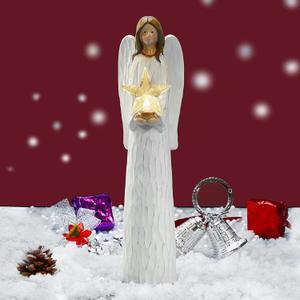 Christmas Angels Figurines Holding LED Light Crystal Star, Light Up Angel Statues and Figurines for Christmas Table Decor, Holiday, Polyresin 13.7 inch
