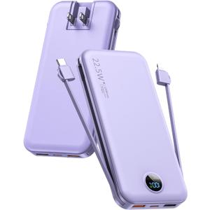 Portable Charger, 12000mAh 22.5W USB C Fast Charging Power Bank with Built-in Cables and AC Wall Plug, Smart LED Display Travel Essentials Battery Pack Compatible with iPhone, iPad, Samsung etc. Purple Portable Charger, 12000mAh 22.5W USB C Fast Charging Power Bank with Built-in Cables and AC Wall Plug, Smart LED Display Travel Essentials Battery Pack Compatible with iPhone, iPad, Samsung etc. Purple