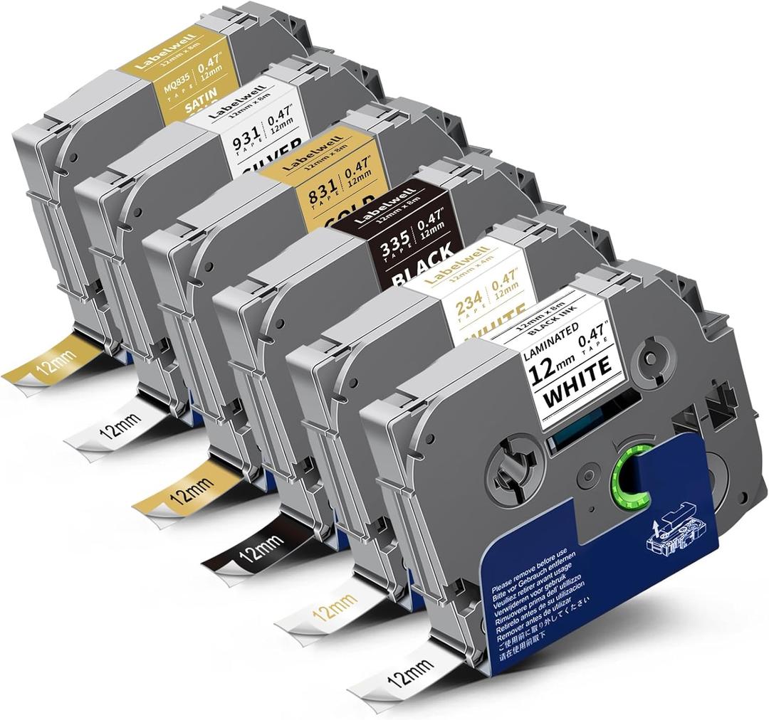 Labelwell 6-Pack Compatible TZe Label Tape 12mm 0.47 Inch Laminated Multi-Color TZ TZe-231 234 335 831 931 MQ835 TZe231 for PT-H110 D200 D210 D220 Label Maker, White/Gold/Sliver/Black