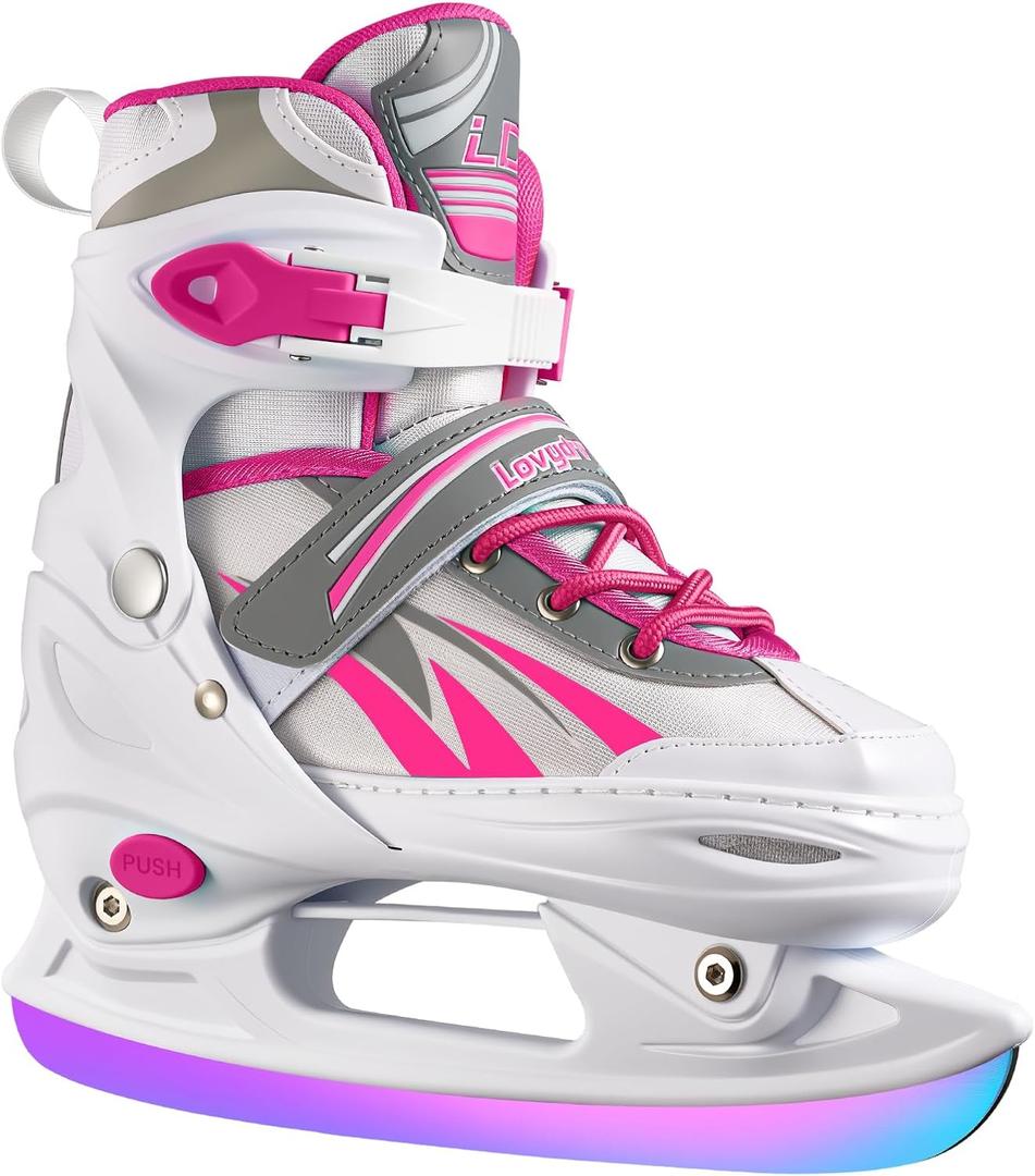 Adjustable Ice Skates for Kids Girls Boys, 4 Size Adjustable Beginner Ice Hockey Skates for Youths Teen, Warm Ice Skating Shoes with Electroplated Color-Changing Blades for Outdoor and Rink (Pink Red)