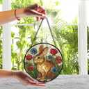 Easter Bunny Flower Stained Glass Window Hanging, Bunny Rabbit Floral Sun Catchers Indoor Window Round Glass Wall Art Decor, Easter Rabbit Suncatcher Wall Hanging Decorations, 7.9x7.9 inch