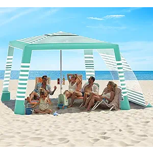 Rhino Valley Beach Cabana, 8 * 8FT Beach Tent UPF50+ Protection, Easy Setup Beach Canopy Wind Resistant with Cup Holder, Compact Beach Shade Foldable Beach Tent Sun Shelter, Green White
