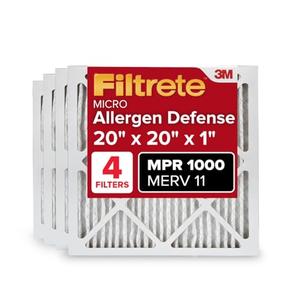 Filtrete 20x20x1 AC Furnace Air Filter, MERV 11, MPR 1000, Micro Allergen Defense, 3-Month Pleated 1-Inch Electrostatic Air Cleaning Filter, Pack of 1 (Actual Size 19.69 x 19.69 x 0.81 in)