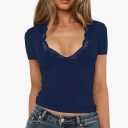 Women's Short Sleeve Sexy Lace V-Neck Summer Going Out 2025 Crop Tops Slim Fit Tees Trendy Y2k Clothing, S