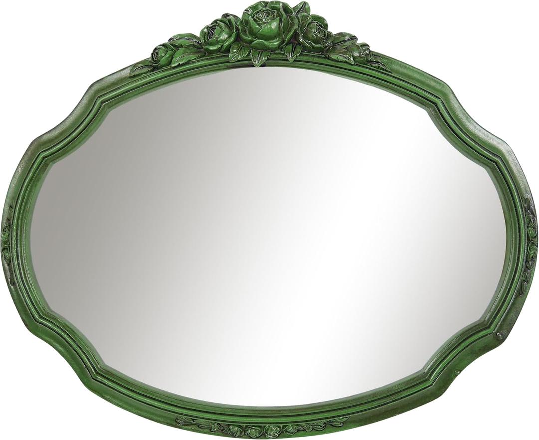 Vintage Oval Mirror with Rose Floral Carvings, 17x13.5 Inches Green Decorative Mirrors for Wall, Antique Style Vanity Mirror for Bedroom Living Room Bathroom Entryway Dcor