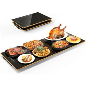 Food Warmers for Parties Buffet, 31.5"x12" Assemblable Stackable Electric Warming Tray with 8-Level Temperature Adjustment and 8-Hour Timer, Upgraded Desktop-Protecting Food Warming Mat (Black&Gold)