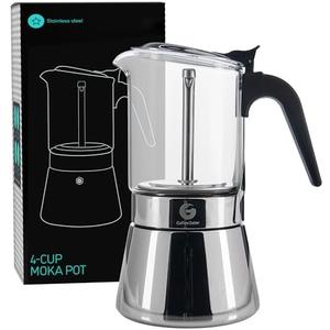 Coffee Gator 4 Cup Moka Pot, 6.7oz Stovetop Espresso Maker for Italian Coffee, Transparent Glass & Stainless Steel Design, Silver, 200ml