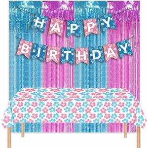 Hawaii Birthday Party Decorations Include Hibiscus Flowers Tablecloth and Hibiscus Flowers Birthday Banner, Blue Pink Foil Fringe Curtain for Hawaii Backdrops Decorations Suppiles