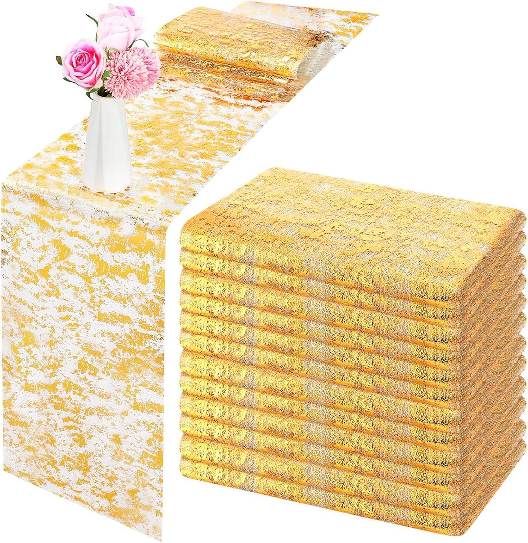 12 Pieces Gold Table Runner Metallic Thin Mesh Table Runner Roll 11 x 84 Inches Rectangle Glitter Runner for Wedding Baby Shower Birthday
